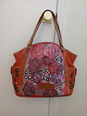 Dooney & Bourke Artist Hand-Painted Floral Tote Bag with Tan Trim